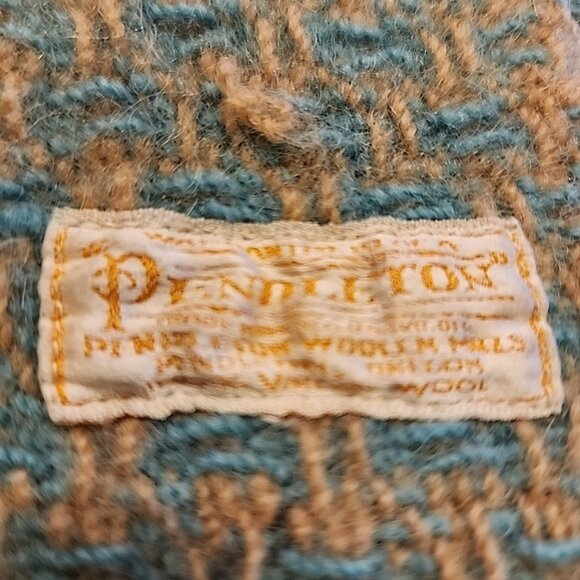 Vintage 60s Pendleton 100% Wool Blanket 52"x46" Green Tan Waffle Check Fringe - Picture 4 of 5